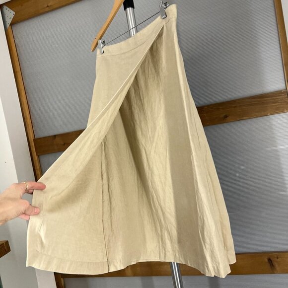 Eileen Fischer Tan 100% Linen A-Line Faux Wrap Midi Skirt Sz S - Picture 2 of 12